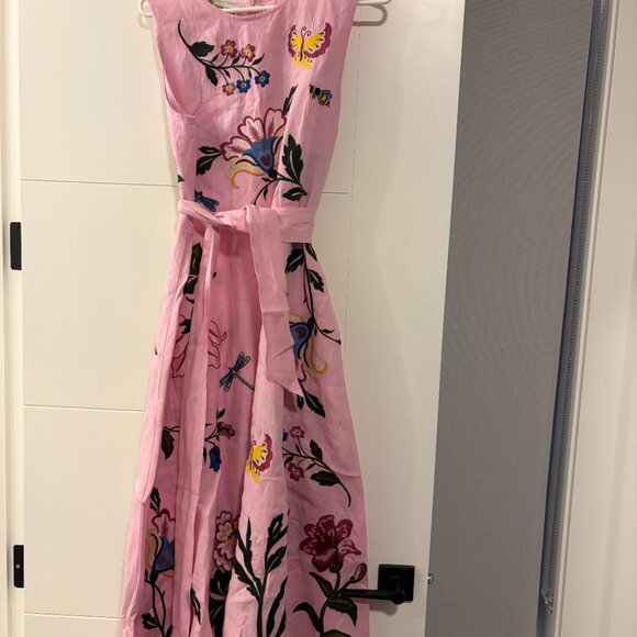 Fanm Mon Gloriosa Pink Floral Embroidered Cotton Midi Dress Size Medium - Picture 2 of 6
